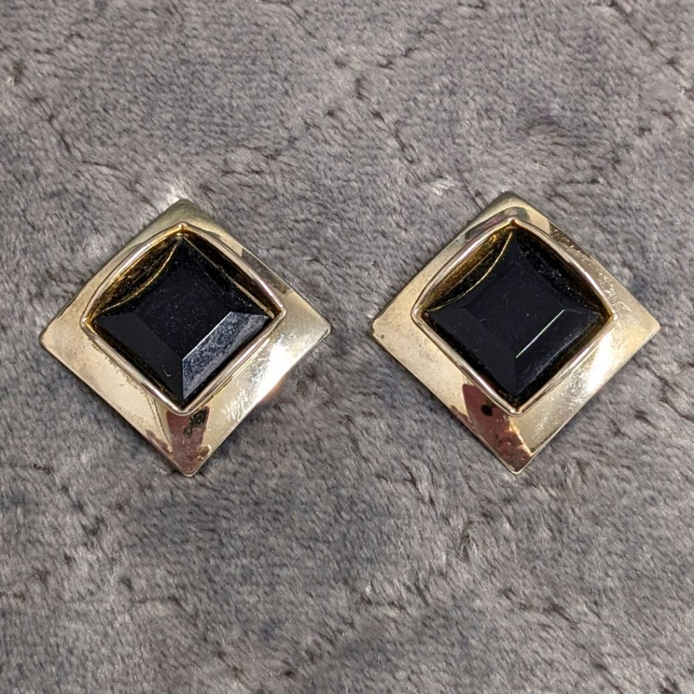 Vintage Diamond Shaped Black Acrylic & Silvertone Clip Earrings